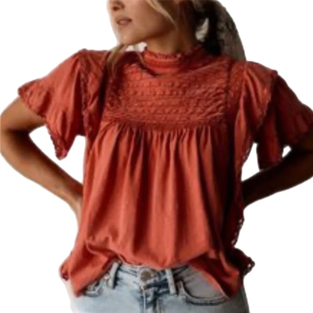 Free people Le Femme Boho Ruffled Peasant Blouse Top Oversized XS Milkmaid Mock